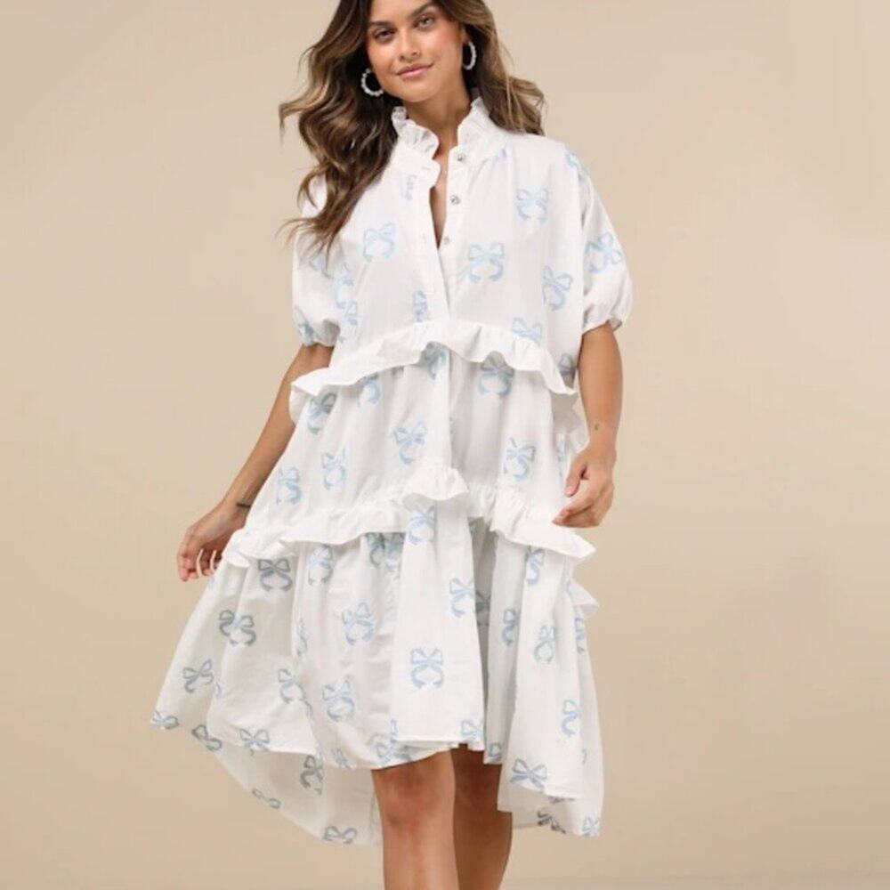 NWT Dream Sister Jane Cassia Oversized Tiered Ruffled Embroidered Bow Mini Dress